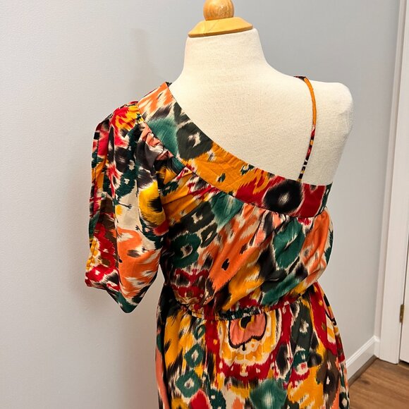 Angie One Shoulder Asymmetrical Colorful Festival Artsy Maxi Dress Sz S - Picture 10 of 11